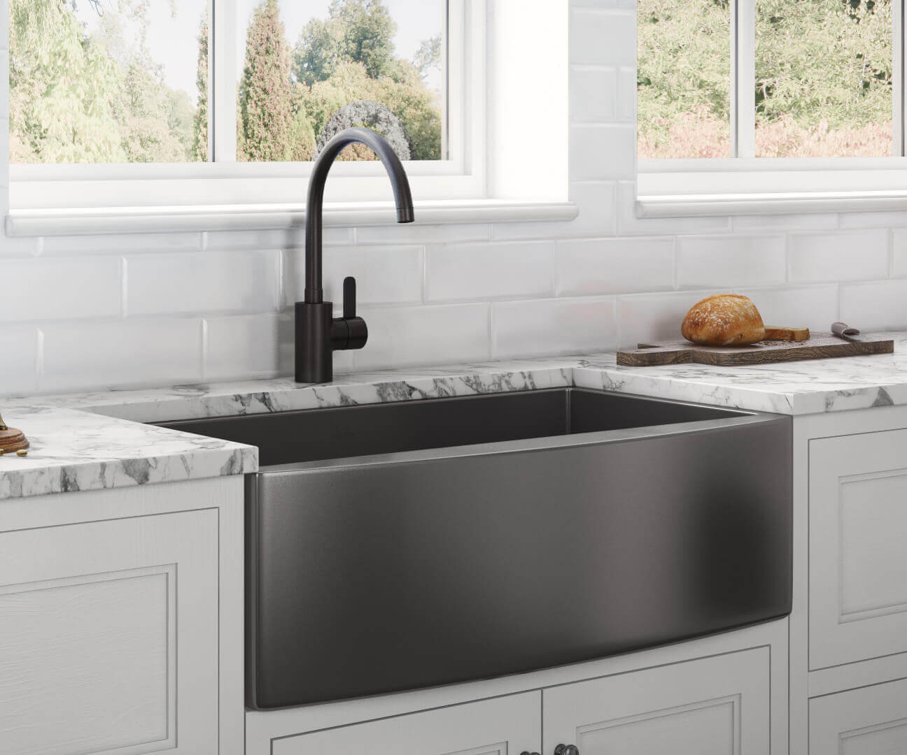 Farmhouse sink collection banner with apron front styles displayed in a bright kitchen setting to compare installation types like undermount, topmount, and retrofit options